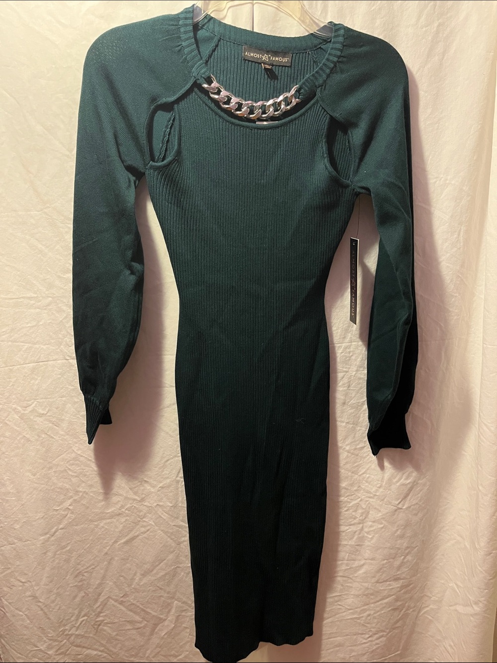 Almost Famous Dark Green Ribbed Long Sleeve Dress with Silver Chain